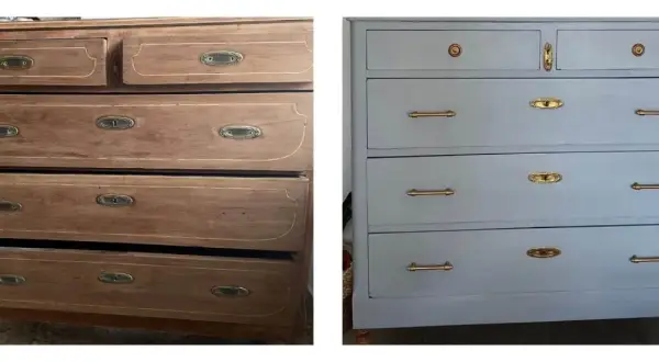 Un mueble antiguo antes y después de restaurar. La cómoda de madera desgastada se transforma con pintura gris y tiradores dorados.