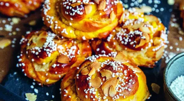 Fredriks fika: gyllene saffransbullar med mandelmassa, toppade med pärlsocker och mandelflagor. En härlig syn!