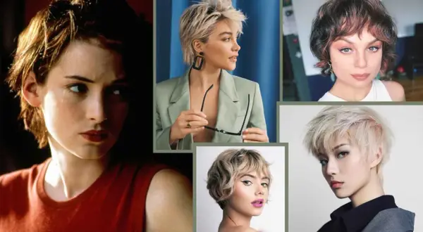 Collage di donne con diverse pettinature capelli corti: pixie cut, shag, e tagli sfilati.
