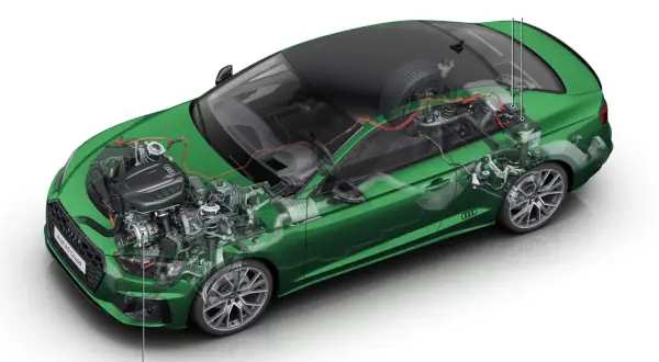 Przekrój zielonego Audi A5 Coupé z widocznym silnikiem, elementami układu napędowego i zawieszenia. To przykład miękkiej hybrydy.