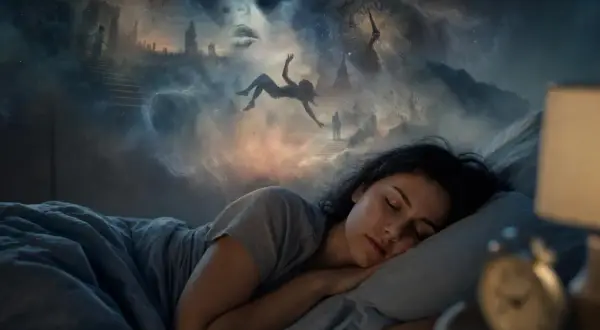 Una donna dorme mentre nel cielo onirico fluttuano figure, scale e un orologio, evocando il significato dei sogni nella psicologia.