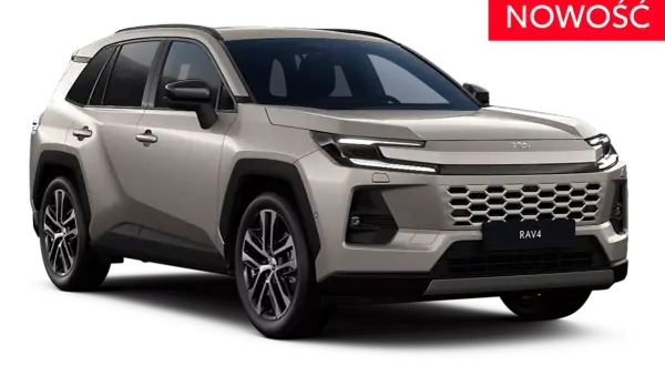 Nowy, beżowy Toyota RAV4 z nowoczesnym grillem i światłami LED. Czerwony napis "NOWOŚĆ" informuje o premierze.