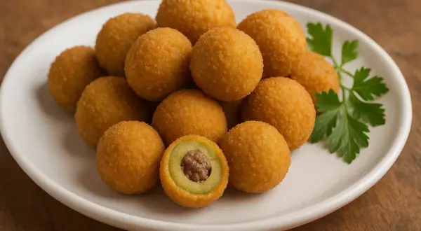 Piatto di olive ascolane fritte, una delizia croccante. La ricetta perfetta per un antipasto sfizioso.