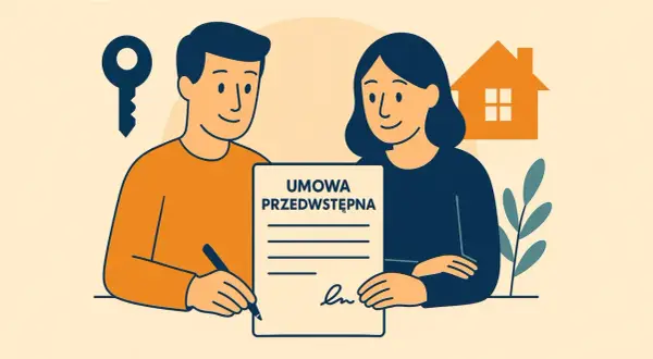 Para kupuje mieszkanie. Mężczyzna podpisuje umowę przedwstępną sprzedaży mieszkania, a obok widać klucz i dom.