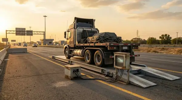 Camion sur une bascule pour contrôle poids lourd. Le soleil couchant éclaire la scène routière.