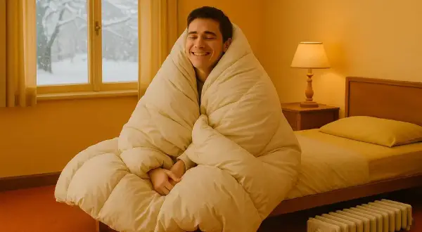 Uomo avvolto in una coperta, sorride mentre fuori nevica. Un termosifone è visibile, suggerendo la lotta contro la dispersione termica in casa.