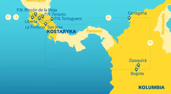 Mapa pokazuje trasę podróży przez Kostarykę, Panamę i Wenezuelę, z zaznaczonymi miastami Kolumbia, Cartagena, Bogota i Zipaquirá.