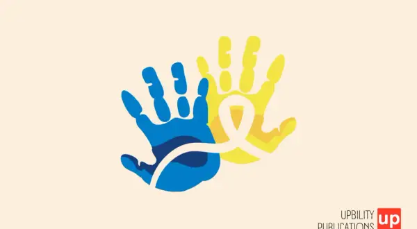 Impronte blu e gialle unite da un nastro, simbolo di speranza e inclusione per i ragazzi con la sindrome di Down.