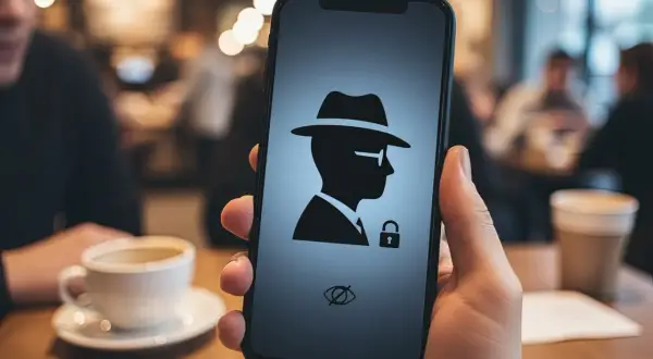 Telefon w trybie prywatnym. Ikona detektywa z kłódką i przekreślonym okiem symbolizuje bezpieczeństwo i anonimowość.