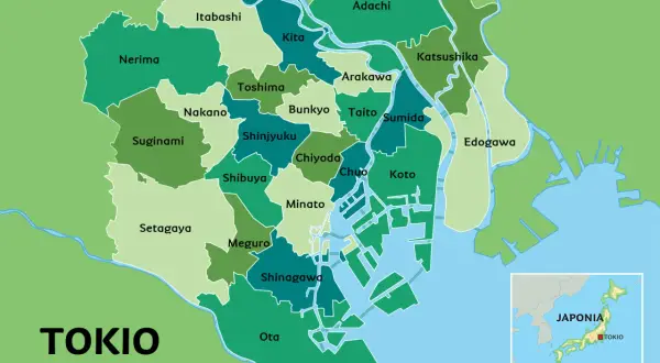 Mapa przedstawia podział administracyjny Tokio, pokazując dzielnice takie jak Shibuya, Shinjuku i Minato. Gdzie jest Tokio? Na tej mapie zobaczysz jego serce.