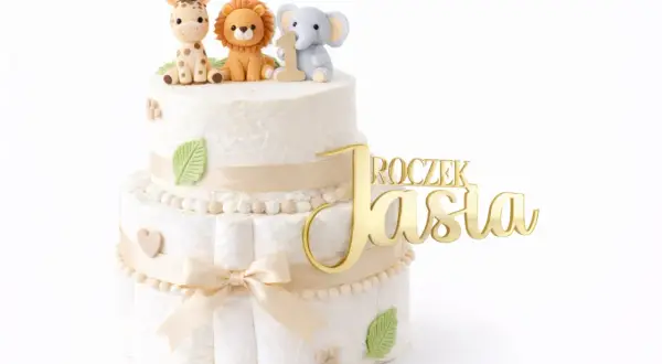 Złoty topper na roczek z imieniem Jasia, ozdobiony figurkami zwierzątek z safari.