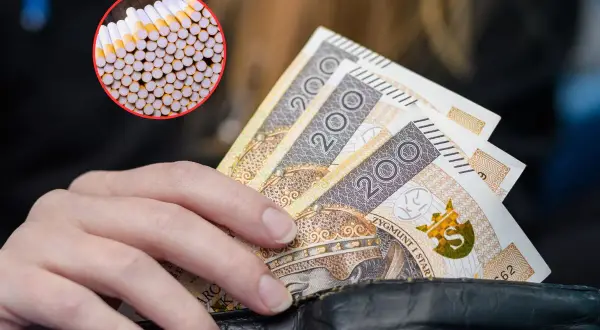 Dłoń trzyma banknoty 200 zł, obok kółko z papierosami. Akcyza na e papierosy wpływa na ceny.