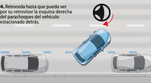 Ilustración de un coche azul aparcando en línea entre dos coches grises.