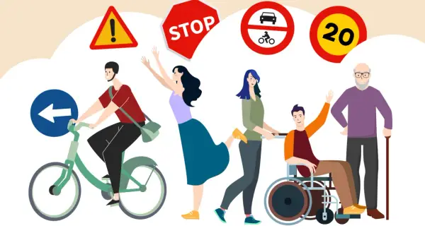 Un hombre sonriente va en bicicleta, rodeado de señales de tráfico y personas diversas.