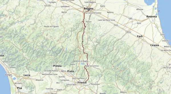 Mapa de la Via degli Dei, ruta de senderismo que une Bolonia con Florencia a través de los Apeninos.