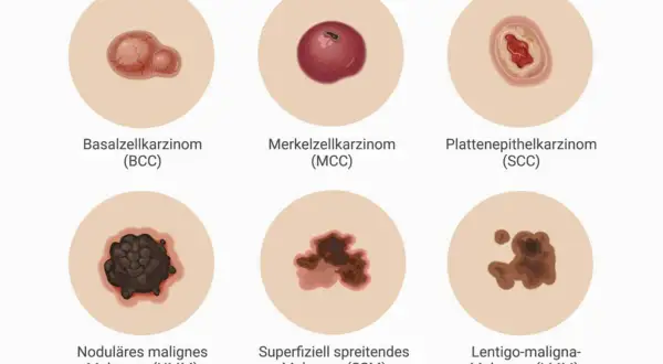Sechs Hautveränderungen: Basalzellkarzinom, Merkelzellkarzinom, Plattenepithelkarzinom, noduläres malignes Melanom, superfiziell spreitendes Melanom und Lentigo-maligna-Melanom. So können Sie ein Merkelzellkarzinom erkennen.