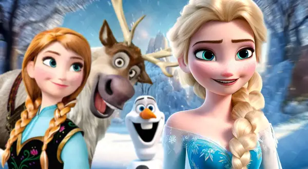 Anna und Elsa 3: Anna, Elsa, Olaf und Sven im Schnee.