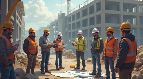 Budowlańcy omawiają plany na placu budowy. Czas oczekiwania na warunki zabudowy może być różny, ale tu praca wre.