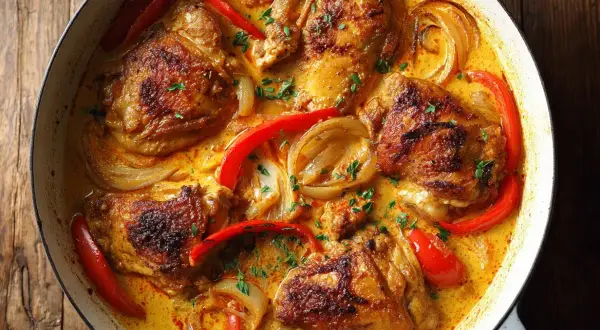 En gryta med gyllene kycklinglårfilé, paprika och lök i en krämig sås. Ett härligt kycklinglårfile recept.