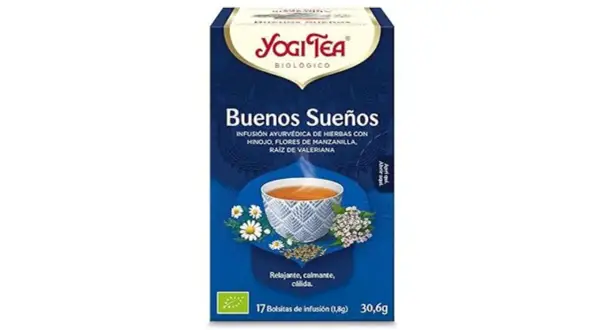 Caja de Yogi Tea "Buenos Sueños", una de las 5 mejores infusiones para relajarse. Contiene hinojo, manzanilla y valeriana.