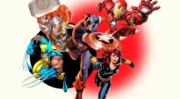 Los Vengadores, liderados por el Capitán América, se preparan para la acción: Thor, Iron Man, Wolverine y Black Widow.