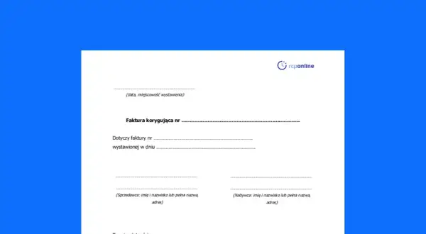 Formularz faktury korygującej z polami do wpisania danych do faktury: daty, numerów faktur, sprzedawcy i nabywcy.