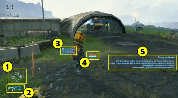 Death Stranding poradnik: Sam w namiocie, z ekwipunkiem i informacjami o trasach kurierów.