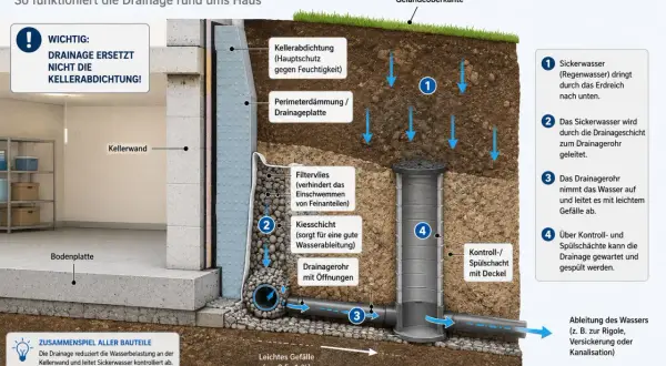 Schema einer Ringdrainage um ein Haus. Sie leitet Sickerwasser ab und unterstützt die Kellerabdichtung.