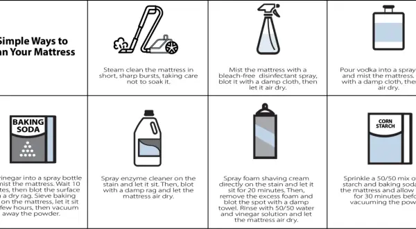 Infographic showing 7 ways to clean a mattress, including steam cleaning, disinfectant spray, vodka, vinegar, enzyme cleaner, shaving cream, and baking soda/corn starch for a clean bed.