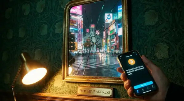 Zepsute lustro odbija neonowe miasto, a dłoń trzyma telefon z portfelem Bitcoin. Napis "HIDE MY IP ADDRESS" sugeruje ukrywanie tożsamości, jak w przypadku CGNAT.