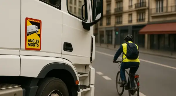Autocollant "Angles Morts" sur un poids lourd, rappelant l'équipement obligatoire pour la sécurité des cyclistes en ville.