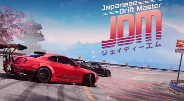 JDM Japanese Drift Master: czerwony i czarny samochód driftują na torze wyścigowym, w tle japońska pagoda i kwitnąca wiśnia.