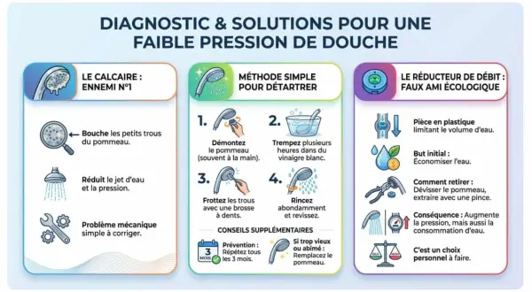Le calcaire bouche le pommeau de douche, réduisant la pression. Une méthode simple pour détartrer et retrouver un jet puissant.