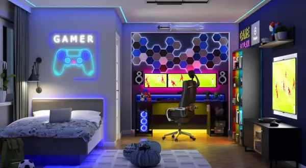 Nowoczesny pokój dla chłopca z neonowym napisem "GAMER", łóżkiem, biurkiem gamingowym i konsolą do gier.