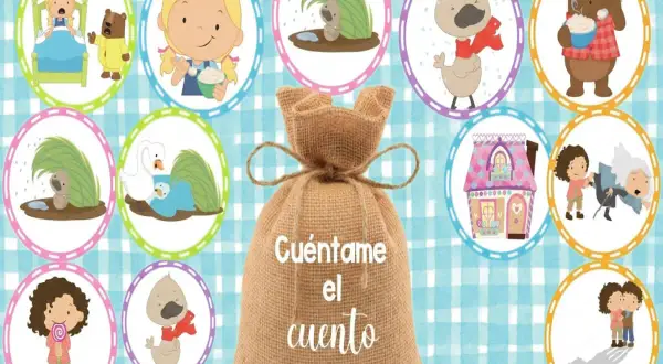 Bolsa de arpillera con la frase "Cuéntame el cuento", rodeada de ilustraciones de cuentos populares: osos, patitos, cisnes, niños y una casita.