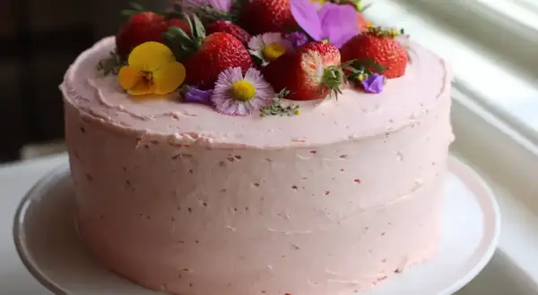 Enkel tårta med rosa frosting, toppad med färska jordgubbar och vilda blommor. En vacker och somrig skapelse.