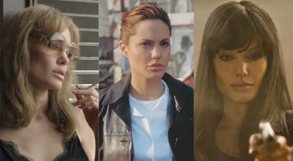 Kolaż zdjęć z filmów z Angeliną Jolie: w okularach z papierosem, w skórzanej kurtce i z bronią.