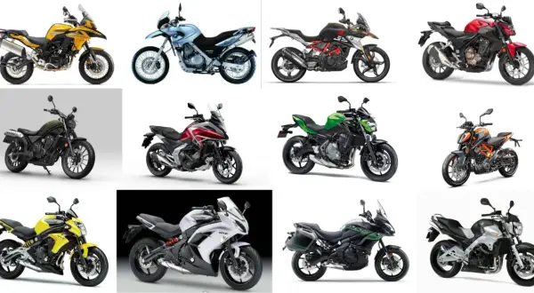 Kolekcja motocykli sportowych: żółty, niebieski, czarno-złoty, czerwony, zielony, srebrny i inne.
