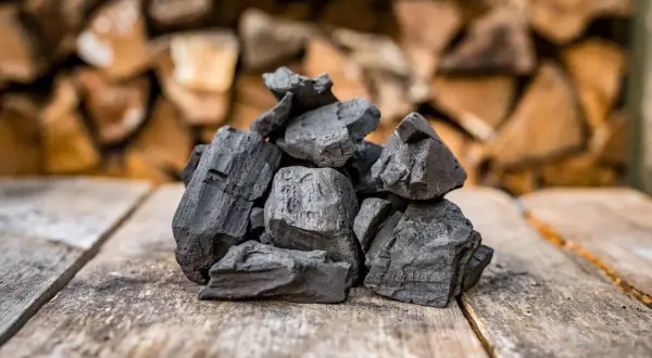 Holzkohle auf Holz, ein Ergebnis der Verkohlung von Holz, zeigt, wie Holzkohle hergestellt wird.