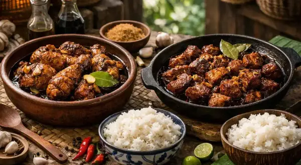 En skål med kyckling adobo och en panna med fläsk adobo, serveras med ris, chili och lime.