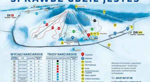 Mapa ośrodka narciarskiego Hańcza z trasami, wyciągami, parkingami i punktami usługowymi.