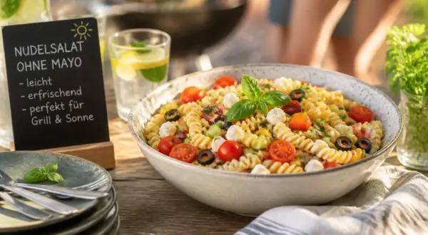 Leckerer Nudelsalat ohne Mayo mit Tomaten, Mozzarella und Oliven. Perfekt für Grill & Sonne!