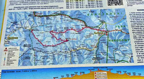 Mapa szlaku narciarskiego na Turbacz. Gdzie jest Turbacz? Na mapie zaznaczono trasę z Obidowej na Turbacz.