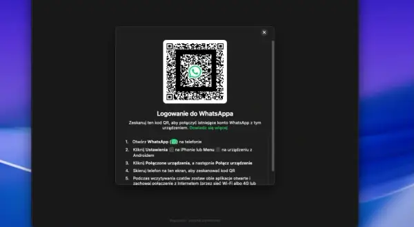 Ekran logowania do WhatsAppa z kodem QR do zeskanowania. Proces instalacji WhatsAppa na komputerze.