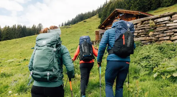 Tres excursionistas con mochilas y bastones suben por una ladera verde hacia una cabaña de madera. Saben qué llevar a la montaña.