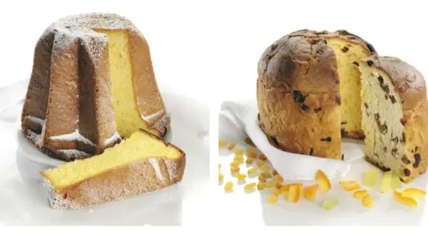 Un pandoro étoilé saupoudré de sucre glace à gauche, et un panettone aux fruits confits à droite.
