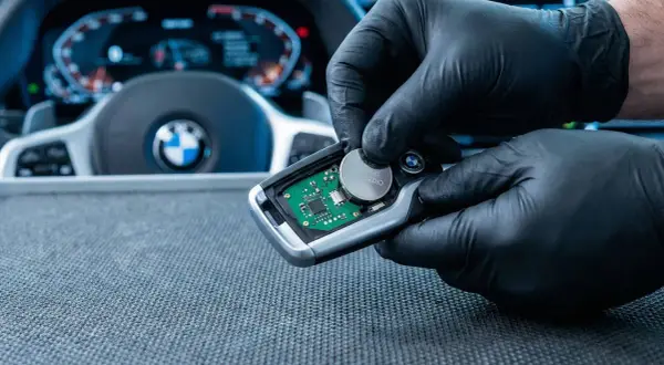 Rękawiczki ochronne ułatwiają wymianę baterii w kluczyku BMW. Widać deskę rozdzielczą i kierownicę.