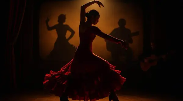 Bailarina de flamenco con vestido rojo, sombras de guitarrista y bailaora en el fondo. Escena de un documental flamenco.