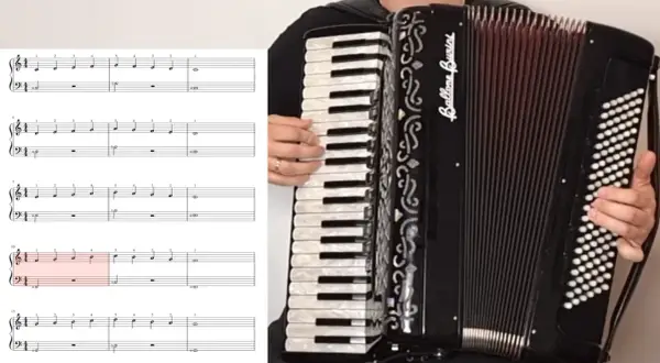 Nuty z akordami na akordeon klawiszowy. Ręce grające na klawiszach, miech akordeonu.