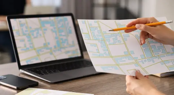 Mano con matita analizza mappa con edifici, simile a una **categoria catastale B4**, accanto a un laptop con mappa digitale.